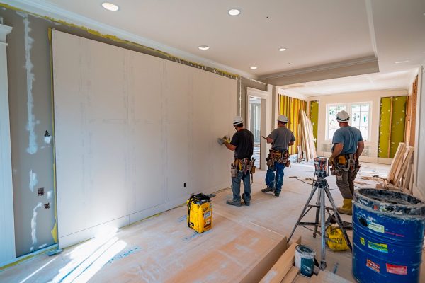 Three skilled workers methodically apply finishing touches to a wall in a spacious living area, showcasing their expertise in home renovation. The room is well-lit, reflecting a bright atmosphere.